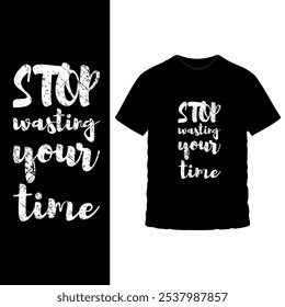 Bold Motivational T-Shirt Design - Stop Wasting Your Time Text Graphic with Vibrant Yellow and Blue Blocks on Black Tee