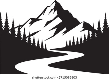 Audaz pico de montanha e silhueta de rio. O cume da montanha irregular centrado acima de um rio curvo, emoldurado por pinheiros verdes simétricos. Aventura ao ar livre e natureza temática Projeto de fundo.