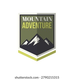 Bold mountain peaks rise against a rugged backdrop. Green and white text proclaims adventure's spirit. Iconic shield shape frames the wild terrain. Perfect for gear, apparel, or expedition branding