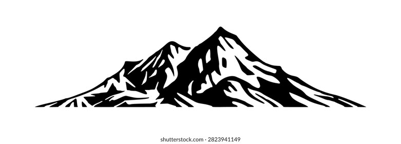Bold mountain peaks rise stark against a plain white background. Sharp lines define rugged, snow-dusted summits. Monochrome style adds dramatic, minimalist intensity. Ideal for adventure, nature
