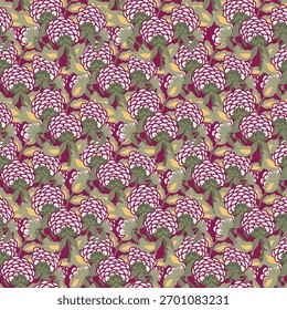 Bold Mulberry Red Hydrangea Flowers with Sage and Butter Yellow Leaves from Hand Drawn Art Creating a Seamless Pattern Print