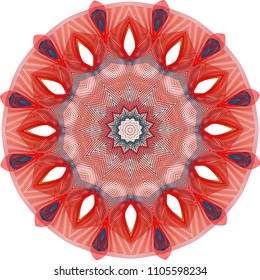 Bold, multi layered guilloche rosette with pierced and folded out petals in deep red and dark blue hues.