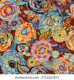 Bold Multicolored Mandala-Style Floral Pattern – Vibrant Orange, Yellow and Blue Blooms on Deep Red Background