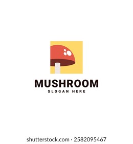 Bold mushroom logo inside a square background, in red and yellow. Perfect for food brands, restaurants, organic products, and farm logos. Simple, modern, and eye-catching design.