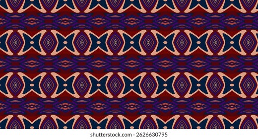 A bold and mysterious abstract pattern using deep red, navy, and purple tones.