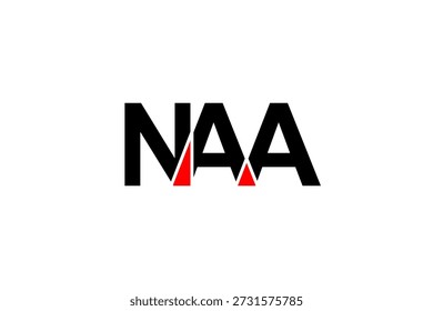 Diseño atrevido del logotipo de NAA: letras negras con triángulos rojos, estilo moderno geométrico para la identidad de marca