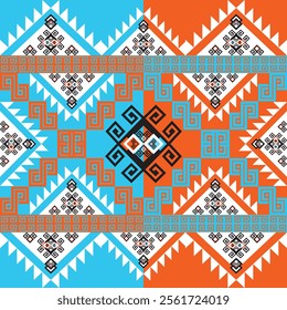 Bold Native-inspired geometric tribal pattern featuring vibrant blue and orange hues with intricate symmetrical details. Ideal for textiles, digital art, and design projects.