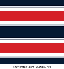 Bold nautical stripe seamless vector pattern. Red, navy blue and white horizontal thick and thin striped lines. Classic, minimal, simple design. Coastal style repeating background wallpaper texture.
