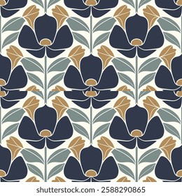 Bold Navy and Gold Floral Tile Seamless Pattern with Retro Elements