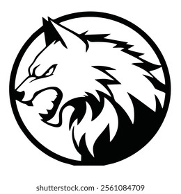 Bold negative space logo of an angry wolf silhouette with sharp lines and fierce expression, perfect for sports, wildlife branding, outdoor themes, or modern minimalist designs