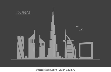 Bold negative-space skyline of Dubai rendered on a dark background, highlighting major landmarks such as Burj Khalifa and Burj Al Arab. The high-contrast composition creates a modern night aesthetic, perfect for digital headers, branding, and contemporary editorial layouts.