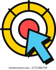 A bold neo brutalist digital artwork featuring a blue arrow cursor pointing towards a red and yellow concentric circular bullseye.