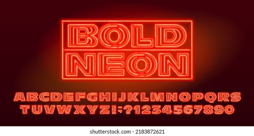 Bold Neon Alphabet Font. Orange Neon Letters And Numbers. Stock Vector Typescript For Your Design.