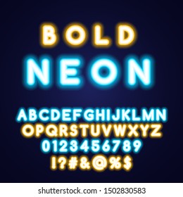 Bold Neon tube alphabet font. Yellow and blue color bold letters and numbers. Stock vector typeset for your headers or any typography design