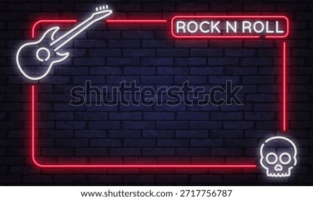 Bold neon vector frame with electric guitar and skull elements. Designed for rock concerts, music posters, and club promotions.