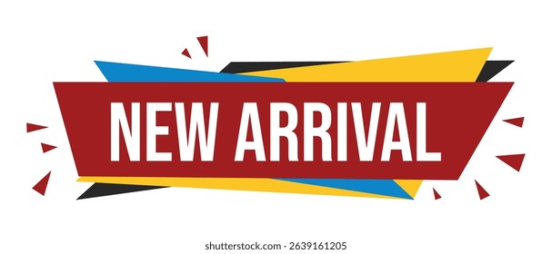 Bold 'New Arrival' text on a geometric banner with blue, yellow, and black accents, ideal for retail promotions.