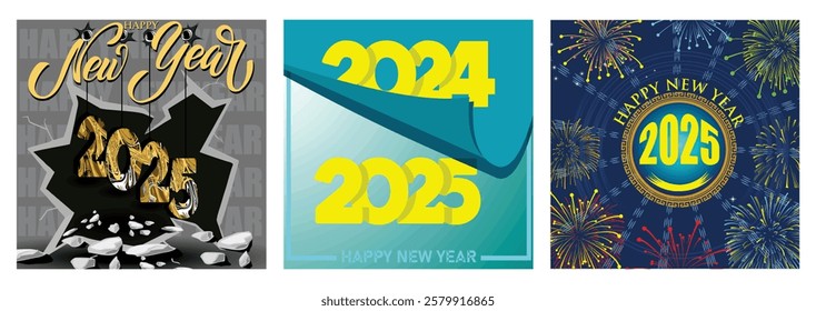 A bold New Year 2025 celebration. Graphic representation of the transition from 2024 to 2025 in bright colors. Colorful fireworks and the year 2025 prominently displayed. 