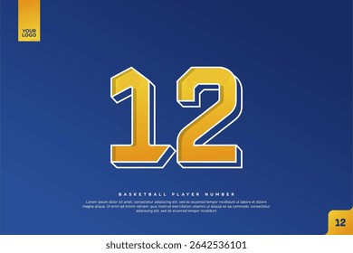 Bold Number 12 in Yellow Gradient with White Outline on Blue Background for Basketball Jersey Design