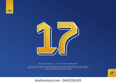 Fette Nummer 17 in gelbem Farbverlauf mit weißer Umrandung auf blauem Hintergrund für Basketball Jersey Design