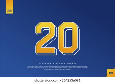 Bold Number 20 in Yellow Gradient with White Outline on Blue Background for Basketball Jersey Design