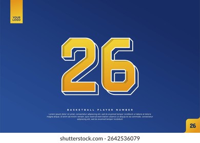 Número 26 en negrita en degradado amarillo con contorno blanco sobre fondo azul para diseño de Jersey de baloncesto
