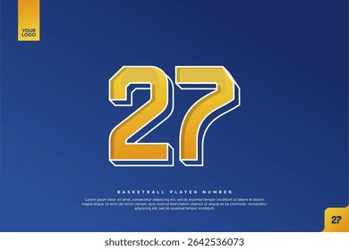 Número 27 en negrita en degradado amarillo con contorno blanco sobre fondo azul para diseño de Jersey de baloncesto