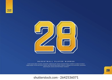 Número 28 en negrita en degradado amarillo con contorno blanco sobre fondo azul para diseño de Jersey de baloncesto