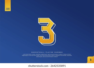 Bold Number 3 in Yellow Gradient with White Outline on Blue Background for Basketball Jersey Design