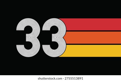 Bold number 33 featuring white stripes and a retro color palette of red, orange, and yellow on a dark background.