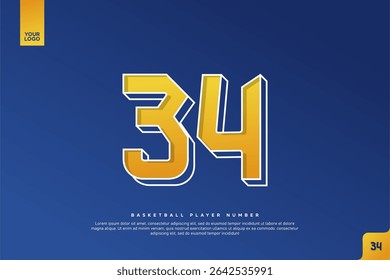 Número 34 en negrita en degradado amarillo con contorno blanco sobre fondo azul para el diseño del jersey del baloncesto