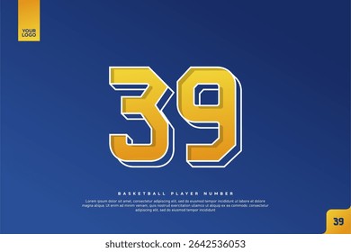 Bold Number 39 in Yellow Gradient with White Outline on Blue Background for Basketball Jersey Design