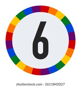 Bold Number 6 in Center of Colorful Circular Rainbow Border on Light Gray Background.