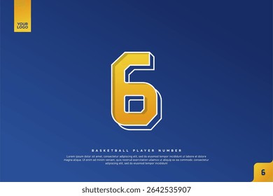 Bold Number 6 in Yellow Gradient with White Outline on Blue Background for Basketball Jersey Design
