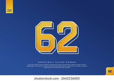 Bold Number 62 in Yellow Gradient with White Outline on Blue Background for Basketball Jersey Design
