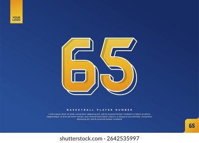 Bold Number 65 in Yellow Gradient with White Outline on Blue Background for Basketball Jersey Design