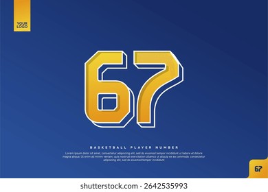 Bold Number 67 in Yellow Gradient with White Outline on Blue Background for Basketball Jersey Design