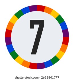 Bold Number 7 in Center of Colorful Circular Rainbow Border on Light Gray Background.