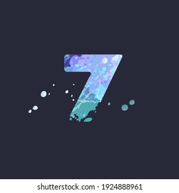 Bold number 7 with effect of liquid spots of paint in blue, white, purple colors on dark navy background. Decoration element for winter design of a flyer, poster, calendar, cover, title. Vector EPS10
