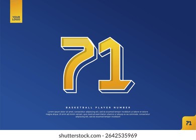 Número 71 en negrita en degradado amarillo con contorno blanco sobre fondo azul para el diseño del jersey del baloncesto