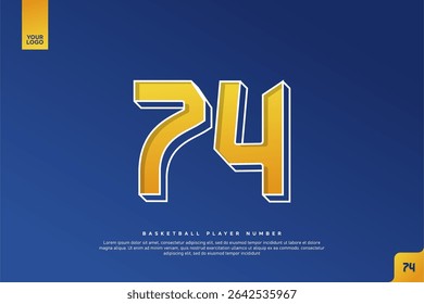 Número 74 en negrita en degradado amarillo con contorno blanco sobre fondo azul para el diseño del jersey del baloncesto