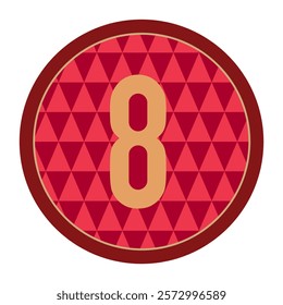 Bold Number 8 in Gold on Red Circle with Dark Red Border and Geometric Design