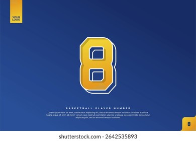 Bold Number 8 in Yellow Gradient with White Outline on Blue Background for Basketball Jersey Design