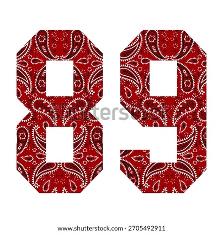 Bold number 89 filled with a red paisley bandana pattern. Decorative western-style typography ideal for t-shirt prints, posters, stickers, and vintage graphic design projects.
