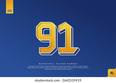 Bold Number 91 in Yellow Gradient with White Outline on Blue Background for Basketball Jersey Design