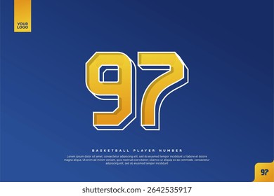 Bold Number 97 in Yellow Gradient with White Outline on Blue Background for Basketball Jersey Design