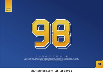 Número 98 en negrita en degradado amarillo con contorno blanco sobre fondo azul para diseño de Jersey de baloncesto