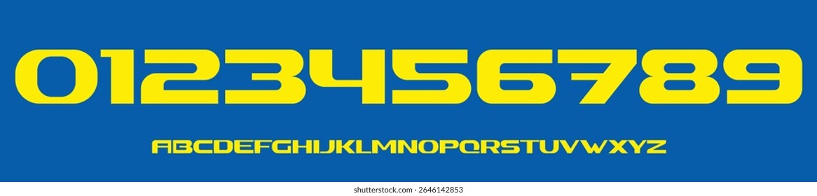Bold numeric font, compressed wide block numbers letters, strong sporty structure for football jersey, scoreboard, racing energy numeral typography, race team branding, athletic typo. Vector type.