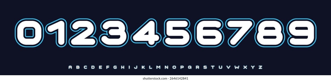 Bold numeric font, rounded outlined numbers and letters for sport team jersey, tshirt, esports scoreboard. Numerals with gamer energy, competition spirit. E-sport digits. Vector typeset.