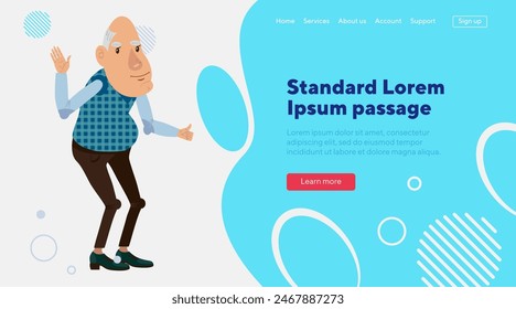 Bold old man character waving hand. Flat vector illustration. Senior man showing thumb up. Retirement, feedback, advertisement concept for banner, website design or landing page