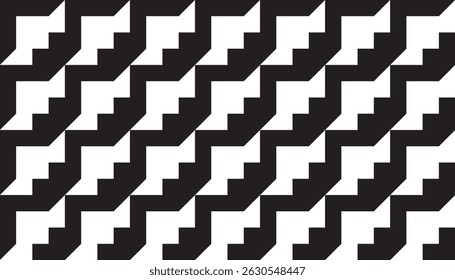 Motif audacieux d'illusion d'optique avec répétition de style escalier en noir et blanc. Un choix saisissant pour les motifs textiles, la décoration moderne et le marquage visuel.